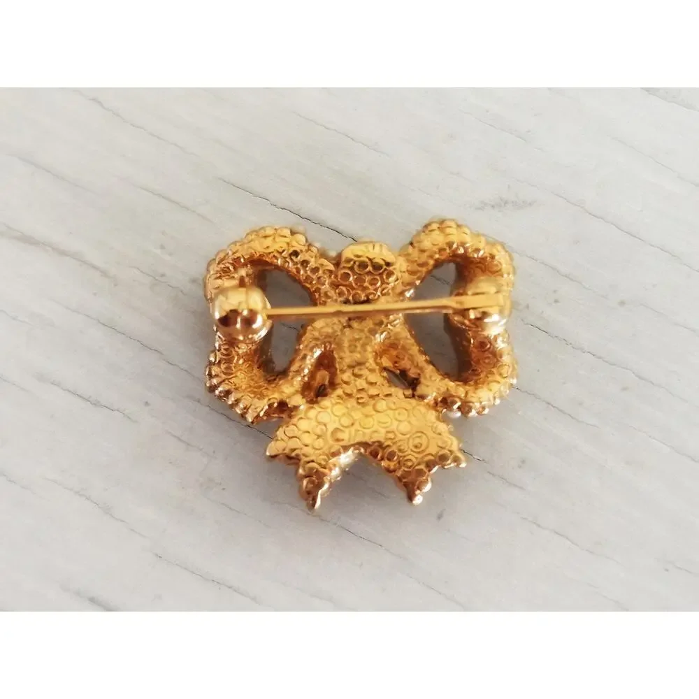 Vintage Signed Ciner Gold Tone Faux Seed Pearl Mini Bow Brooch Pin